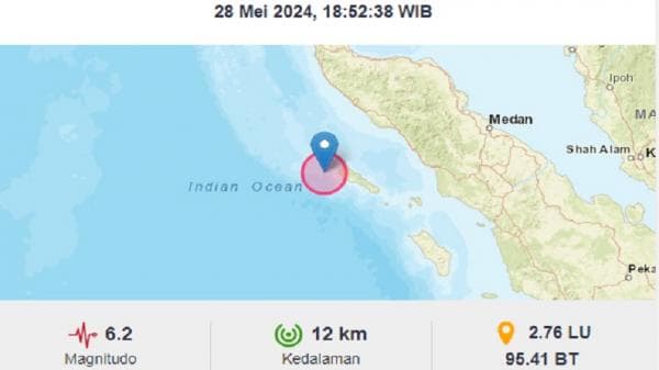 Gempa Bumi Guncang Aceh, Magnitudo 6,2 di Sinabang Simeulue Kedalaman 12 Km