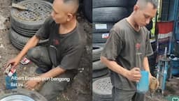 Viral! Tukang Tambal Memasukkan Air Kopi ke dalam Ban, Netizen Bingung Fungsinya