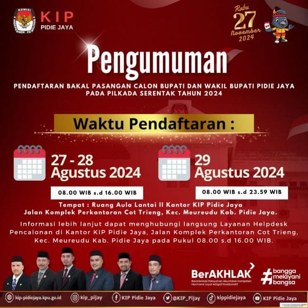 Ini Jadwal dan Syarat Pendaftaran Bakal Pasangan Calon Bupati dan Wabup di KIP Pidie Jaya Tahun 2024