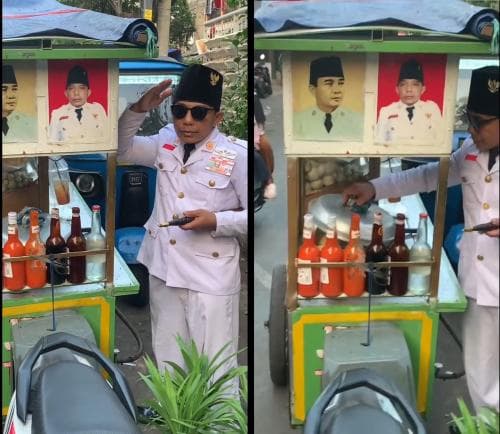 Viral Penjual Bakso Berpakaian Ala Presiden Soekarno, Netizen : Bakso Rasa Kemerdekaan