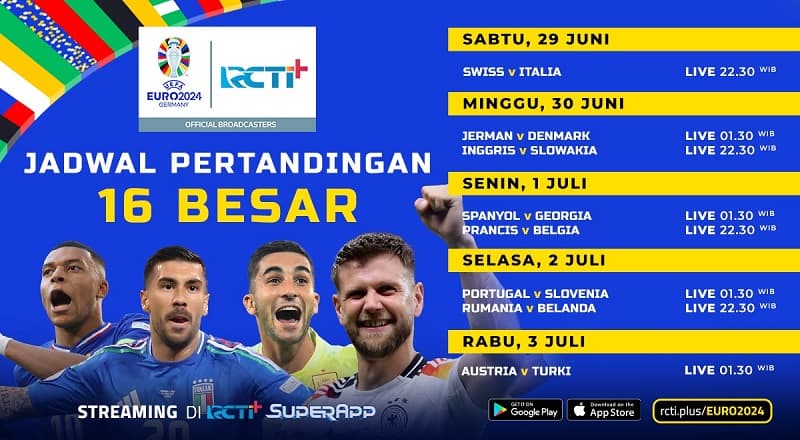 Link Live Streaming Babak 16 Besar Euro 2024 di RCTI+ Link Live Streaming Babak 16 Besar Euro 2024 di RCTI+