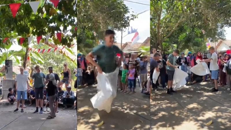 Viral Bule Jerman Ikut Lomba 17-an Balap Karung di Bantul, Semangat Banget!