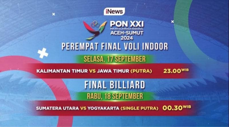 Voli Putra Jatim Vs Kaltim, Lanjut Pertandingan Biliar PON 2024 Malam Ini Pukul 23.00 WIB hanya di iNews