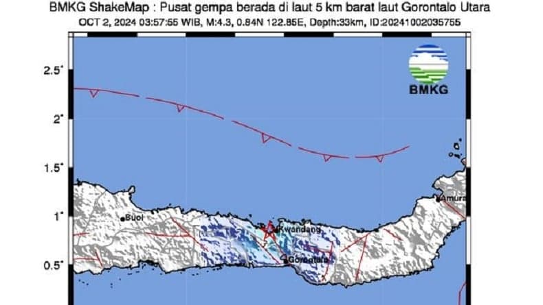 Gempa Hari Ini M4,3 Guncang Gorontalo Utara Terasa hingga Kotamobagu