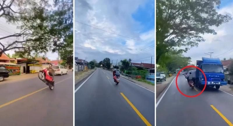 Viral Pemotor Aksi Freestyle di Jalan Raya hingga Nyaris Terlindas Truk, Netizen: Celaka Jangan Ajak-Ajak