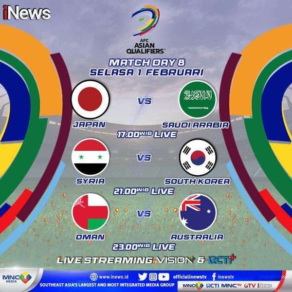 Jadwal Siaran Langsung Kualifikasi Piala Dunia 2022 Zona Asia di iNewsTV Hari Ini: Jepang vs Arab Saudi hingga Oman vs Australia Jadwal Siaran Langsung Kualifikasi Piala Dunia 2022 Zona Asia di iNewsTV Hari Ini: Jepang vs Arab Saudi hingga Oman vs Australia