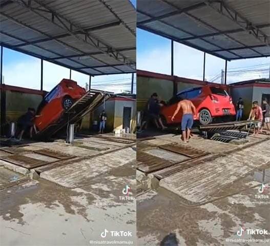 Viral! Video Mobil Jatuh dari Atas Hidrolik Saat Cuci Mobil, Warganet Ketar-ketir