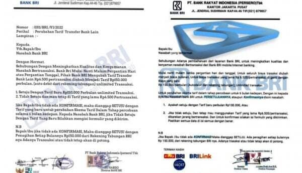 Hoax! Surat Pemberitahuan Perubahan Tarif Transfer Mengatasnamakan BRI