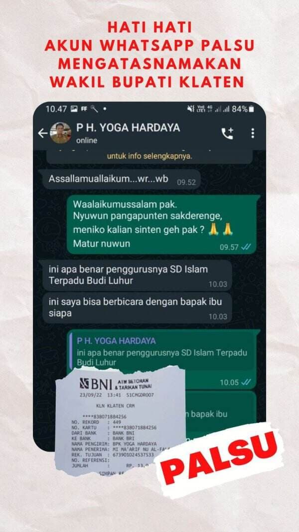 Waspada! Akun WA Palsu Wabup Klaten Beredar, Modusnya Beri Donasi untuk Menipu