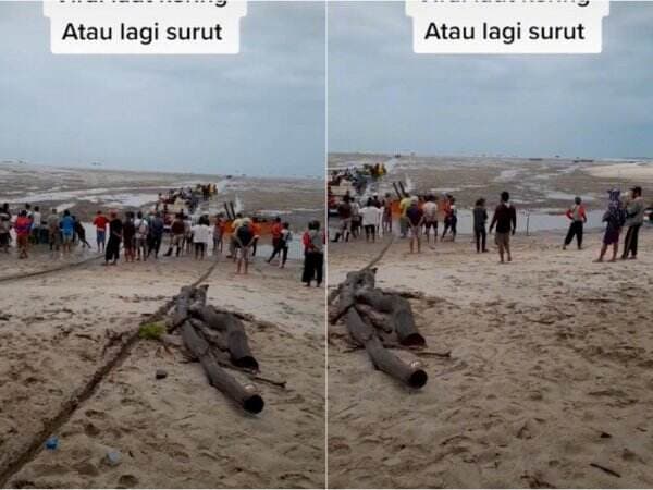 Pemandangan Air Laut Kering di Pantai Sampur Bangka Belitung, Warga Tampak Berkumpul