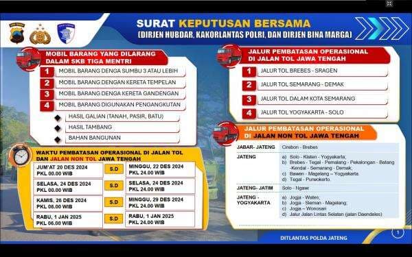 Pembatasan Kendaraan Barang di Jalur Tol dan Non-Tol Jawa Tengah, Berlaku Mulai 20 Desember