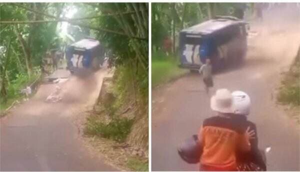 Ngeri, Bus Hampir Masuk Jurang saat Lewati Jalan Rusak akibat Bencana di Cianjur