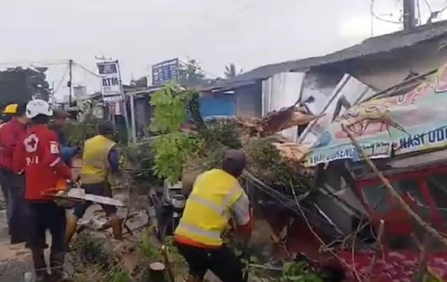 Pohon 8 Meter Tumbang Timpa Pemotor dan Kios di Cianjur, 1 Orang Tewas Pohon 8 Meter Tumbang Timpa Pemotor dan Kios di Cianjur, 1 Orang Tewas