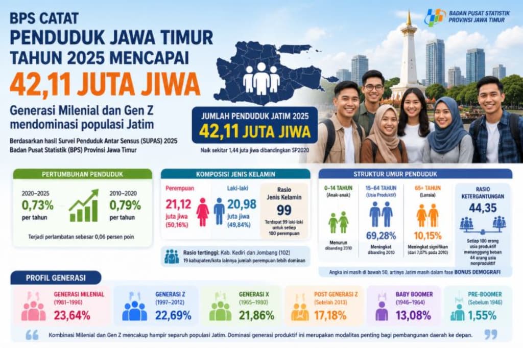 BPS: Jumlah Penduduk Jatim Tembus 42,11 Juta Jiwa BPS: Jumlah Penduduk Jatim Tembus 42,11 Juta Jiwa