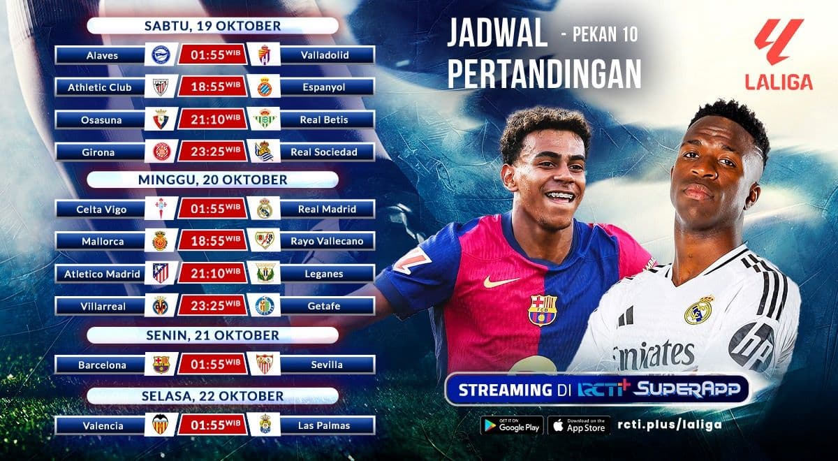 Jadwal dan Link Live Streaming Pekan Ke-10 Liga Spanyol 2024-2025: Barcelona vs Sevilla hingga Celta Vigo vs Real Madrid Jadwal dan Link Live Streaming Pekan Ke-10 Liga Spanyol 2024-2025: Barcelona vs Sevilla hingga Celta Vigo vs Real Madrid