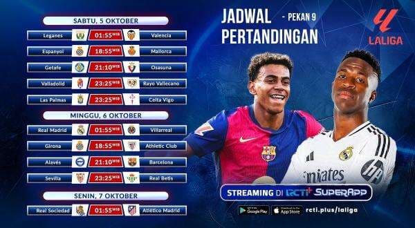 Jadwal dan Link Live Streaming Pekan Ke-9 Liga Spanyol 2024-2025 di RCTI+ SuperApp: Ada Real Madrid Tantang Villarreal! Jadwal dan Link Live Streaming Pekan Ke-9 Liga Spanyol 2024-2025 di RCTI+ SuperApp: Ada Real Madrid Tantang Villarreal!